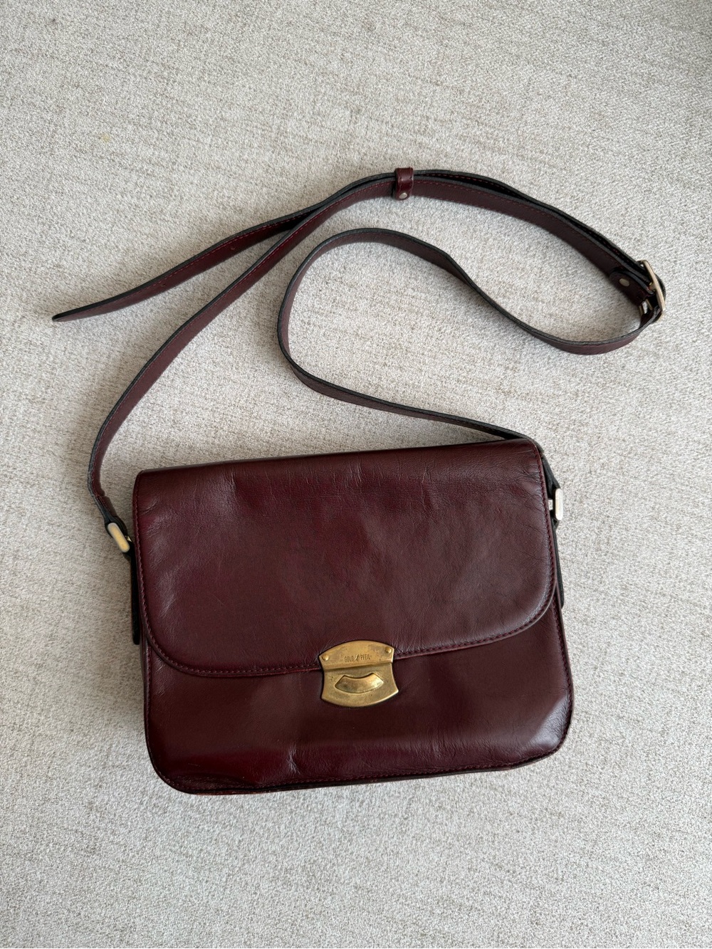 Gold Pfeil Vintage Leather Handbag Crossbody Purse Burgandy Made in Germany